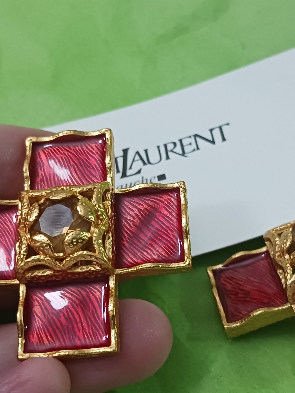 Red and Gold Statement Cross Earrings by Saint Laurent Clip Ons Made In FRANCE - Picture 6 of 13